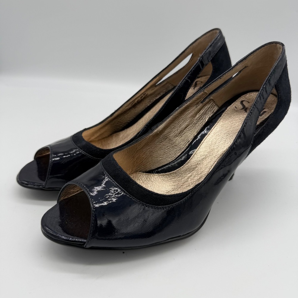 Sofft Dark Navy Patent Leather Suede Peep Toe Heels Pumps 9M NWOT